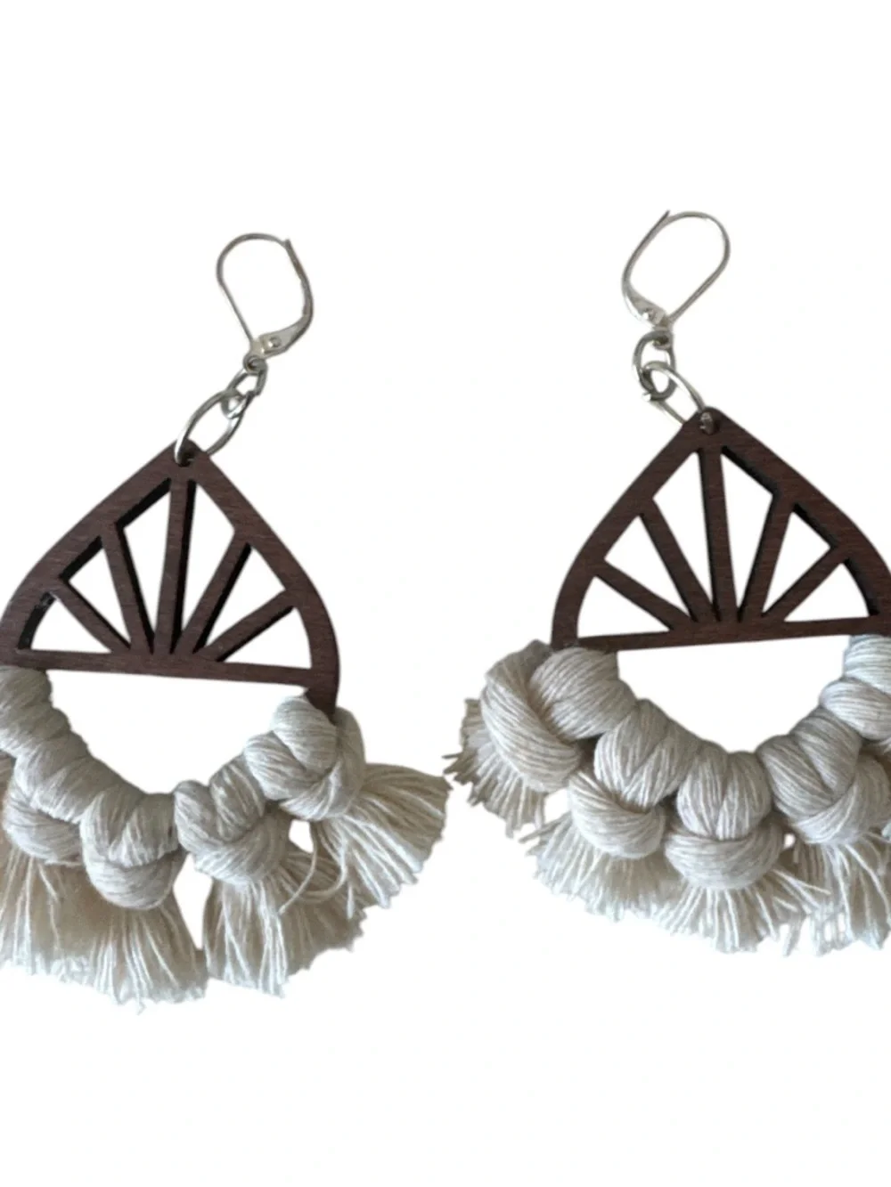 Boho Wood Tassel Statement Fringe Earrings Ivory Brown OS Size